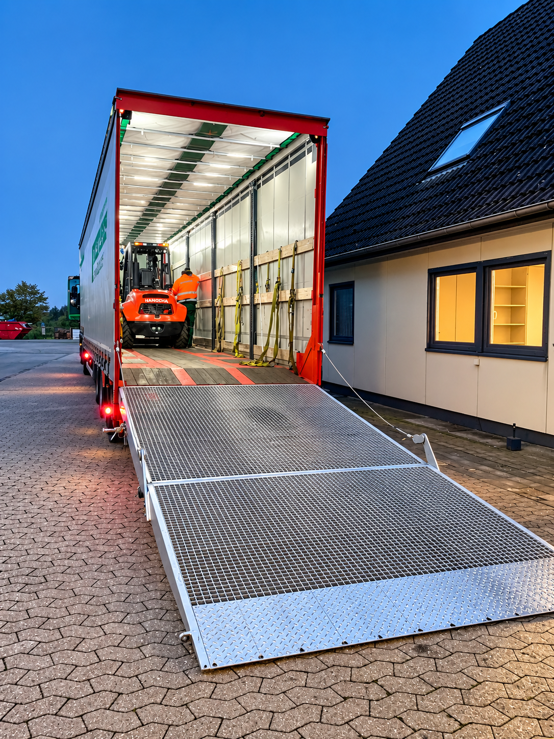 Tieflader mit offener Faltrampe